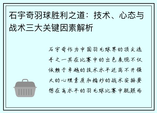 石宇奇羽球胜利之道：技术、心态与战术三大关键因素解析